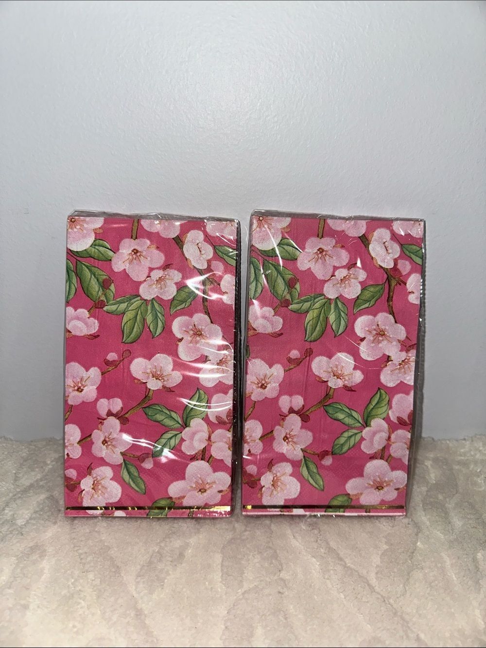 Design Pink Green Cherry Blossoms Floral Guest Towel Buffet Size x 2 packs
